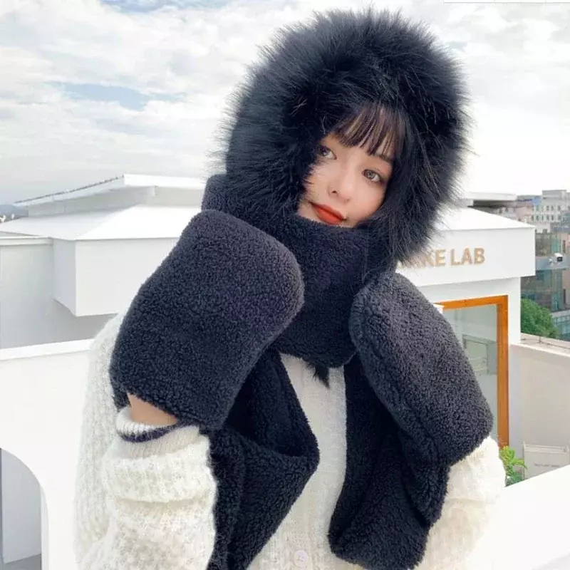Autumn and Winter Warm Fashion Girl Thickened Skullies Beanies Hats Scarf Plush Gloves Wool Women Outdoor Casual Caps Keep Warm