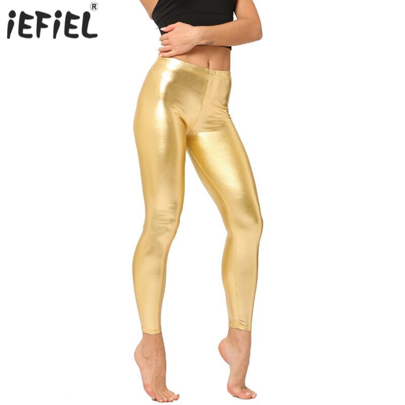 Womens metálico falso leggings de couro brilhante meados cintura elástica cintura calças magras discoteca traje para pólo dança
