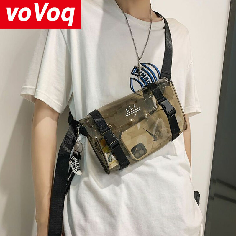 한국 트렌디 남성용 크로스 바디 백, 투명 블랙 플립 PVC 싱글 숄더 작업 세트 기계, 나이트 클럽 점프 백