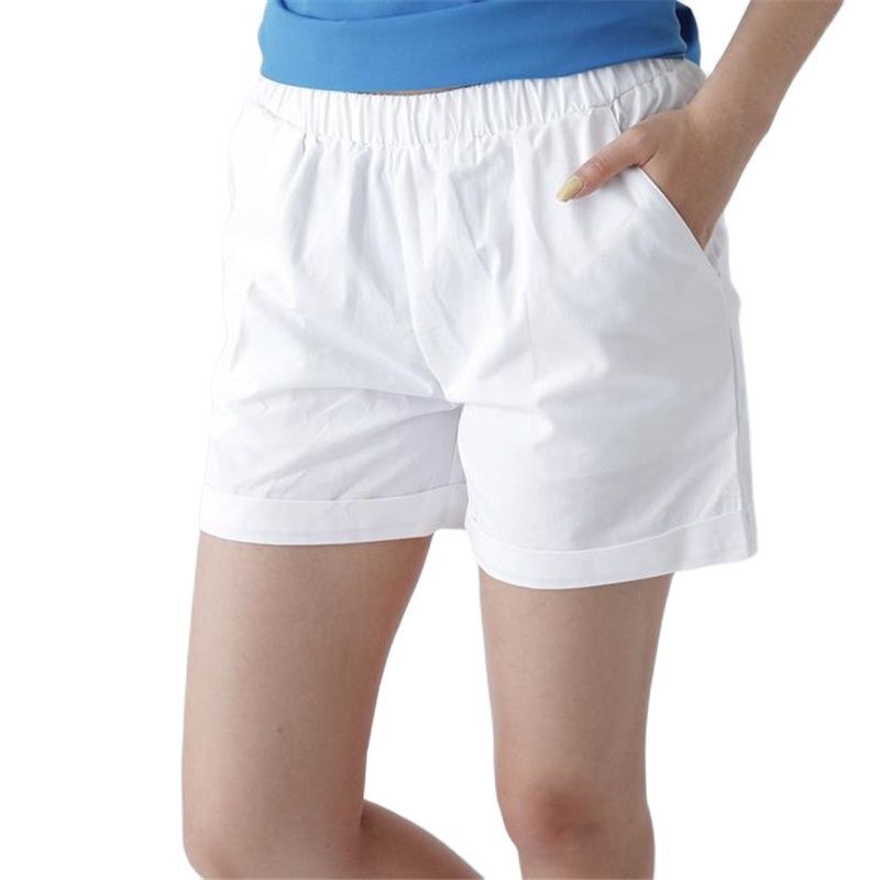 Celana pendek keringat lurus wanita 100% katun musim panas pertengahan pinggang elastis Solid lipit 100% katun celana pendek berpori