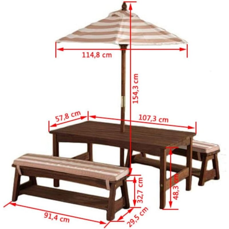 Outdoor Bench with Cushion and Umbrella, Children's Backyard Furniture, Outdoor Bench