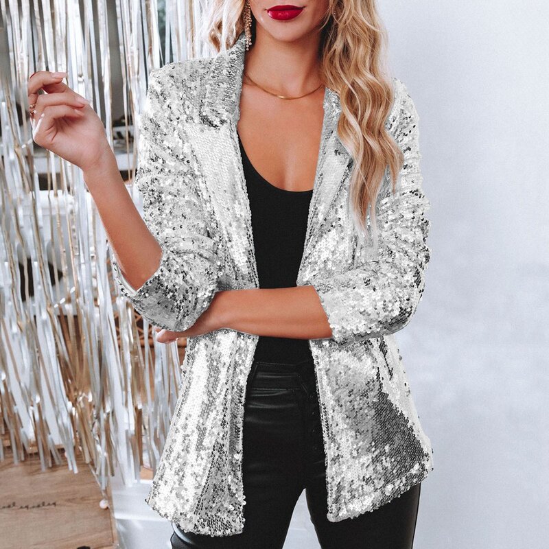 Women Shinny Sequins Blazer Casual Long Sleeve Shimmer Glitter Party Shiny Lapel Jacket Coat Fall Rave Outerwear Blazer Mujer