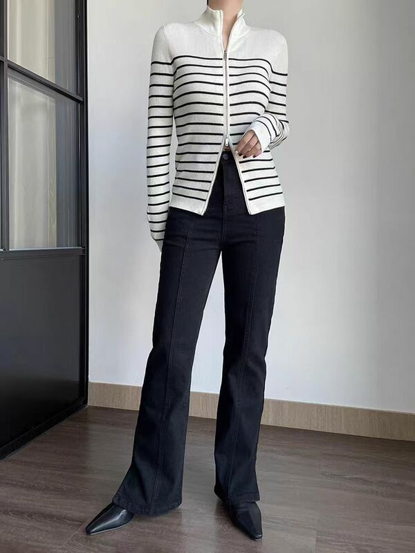 Cardigan in lana ultra-fine filato con cerniera con colletto in piedi giacca in maglione lavorato a maglia a righe color collo alto da donna top allentato