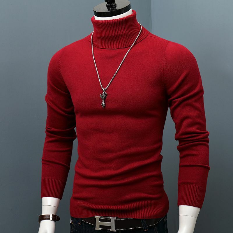 Осенне-зимние пуловеры с высоким воротником, теплый Однотонный мужской свитер, облегающий пуловер, мужской вязаный свитер, Базовая рубашка