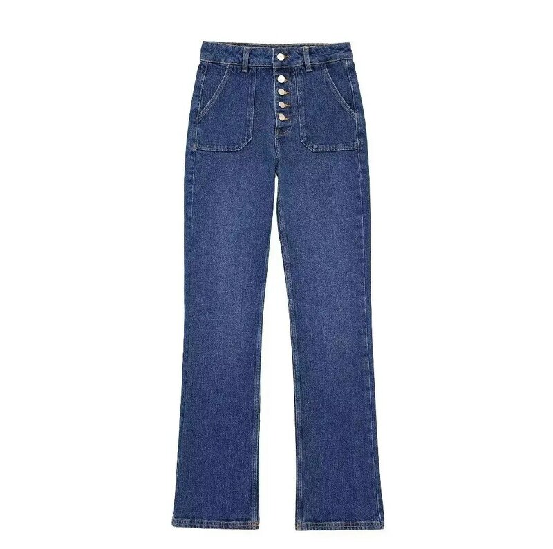 Dames 2024 Nieuwe Mode Knoopdecoratie Casual Hoge Taille Hoorn Jeans Retro Zijzak Dames Denim Broek Mujer