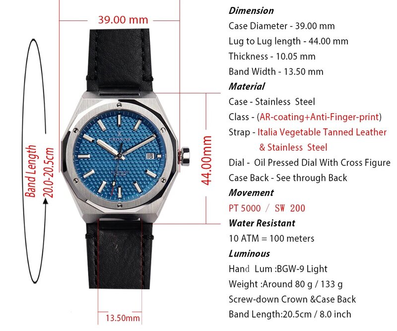Cronos-Reloj de pulsera automático para hombre, cronógrafo de lujo, con correa de cuero de zafiro, de 39mm, modelo Skyline PT5000 SW200, 10ATM, transparente, L6028M