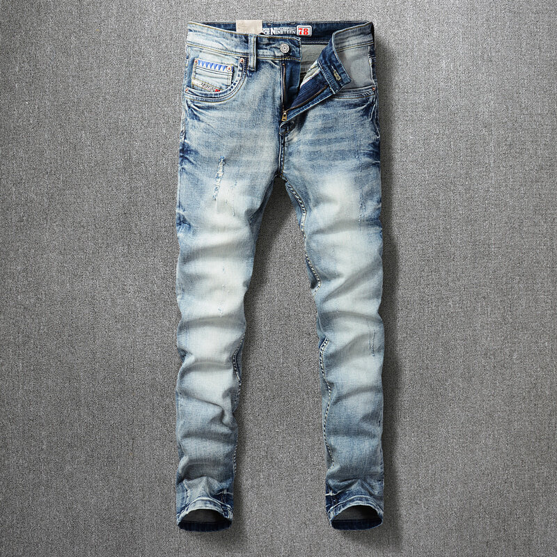 Newly Fashion Designer Men Jeans Retro Blue Stretch Slim Fit Ripped Jeans Men Trousers Italian Style Vintage Denim Pants Hombre