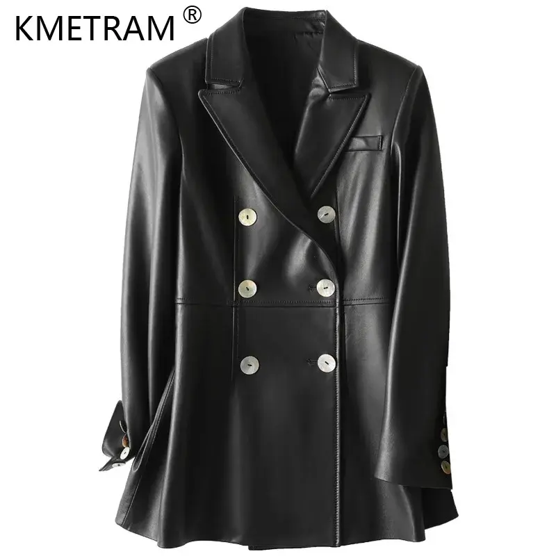 Elegante jaqueta de pele de carneiro de comprimento médio feminina, casaco de couro genuíno 100%, blazers trespassado, jaquetas de couro verdadeiras