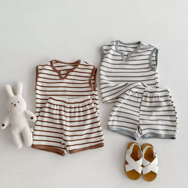 2024 Summer New Children Sleeveless Clothes Set Baby Boy Vintage Striped T Shirts + Shorts 2pcs Suit Kids Girls Pajamas Outfits