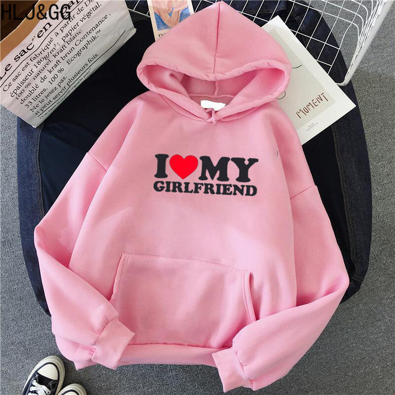 HLJ&GG Spring Casual Letter Print Hooded Sweatshirts Women Round Neck Long Sleeve Pocket Loose Pullover Female Sporty Streetwear