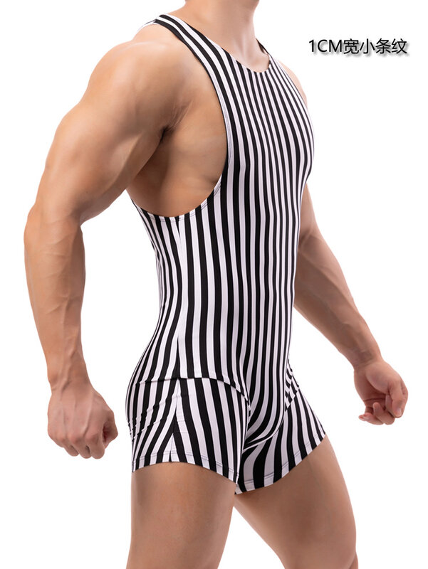 Pijama de rayas verticales de una pieza para hombre, ropa interior deportiva sin huellas, lencería sexy, nuevo estilo