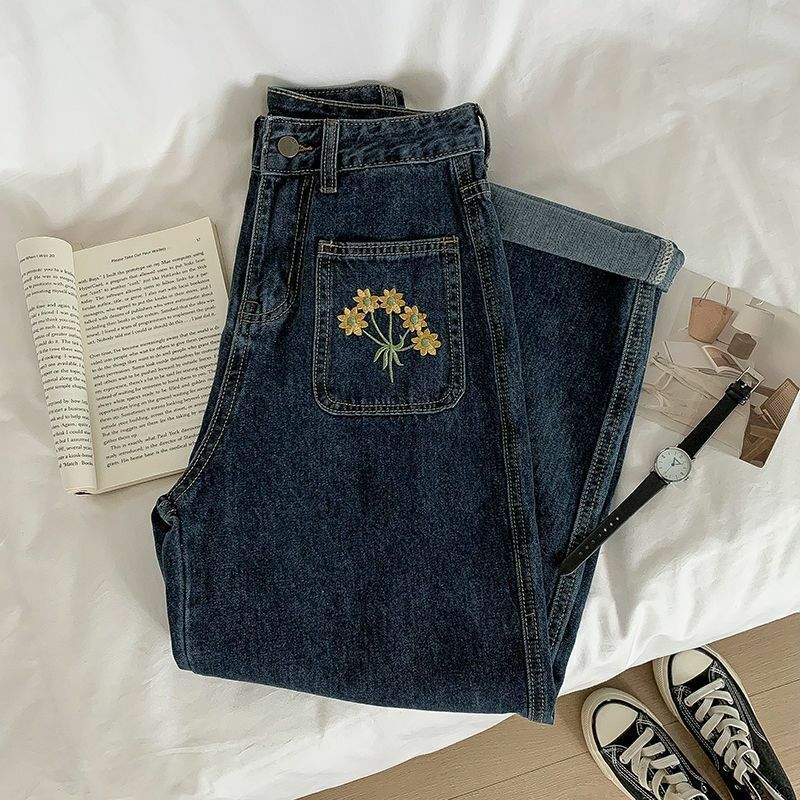 Jeans Vintage ricamati floreali primavera 2023 nuova moda a vita alta versatili pantaloni larghi larghi di grandi dimensioni