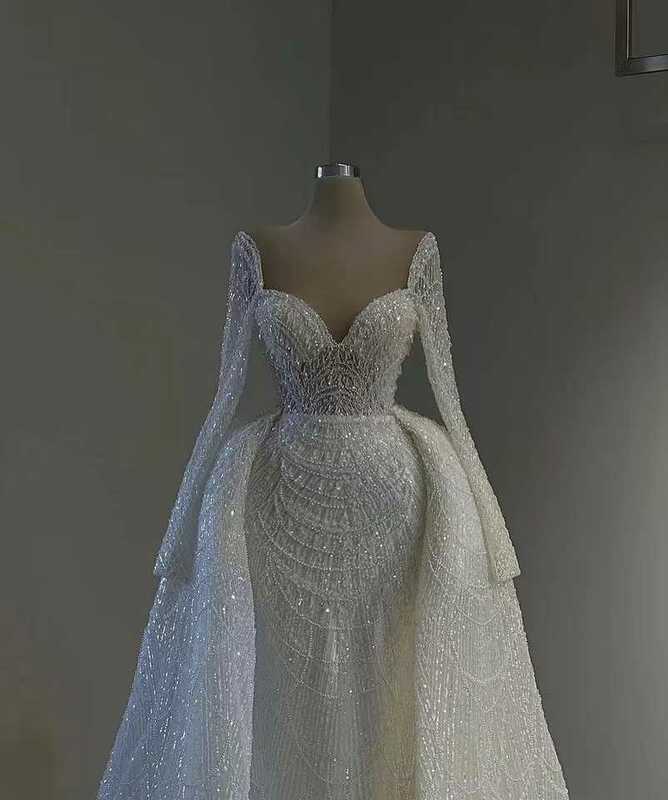 Женское свадебное платье-Русалка со съемным шлейфом и длинными рукавами