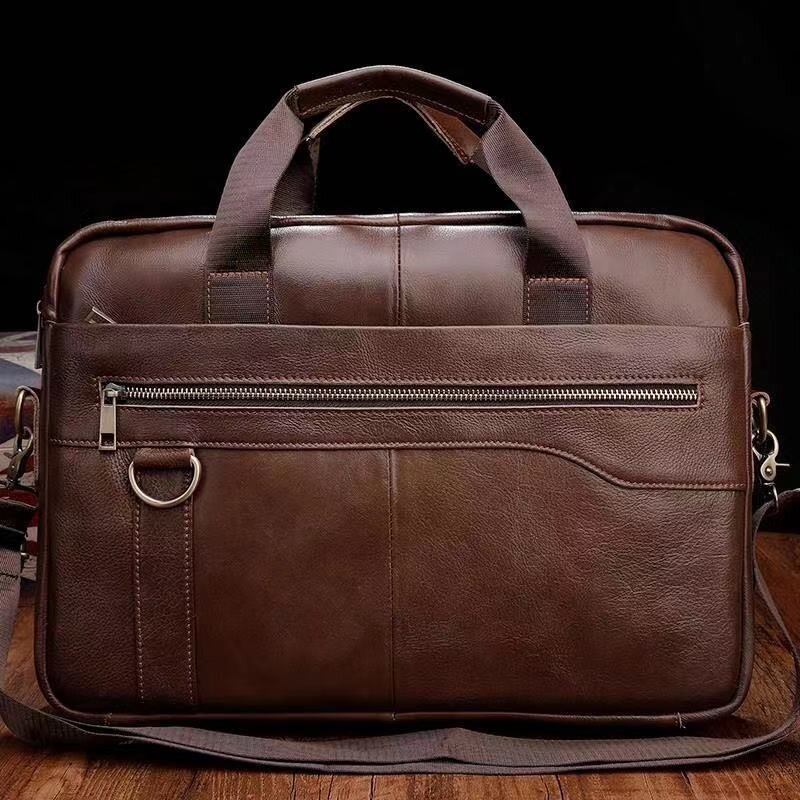 Men briefcase messenger bag retro genuine leather hand 14'' laptop men's briefcases office business tote for document