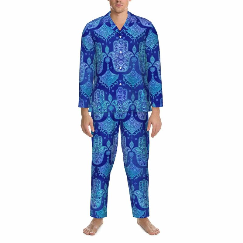 Hamsa-Conjunto de pijama de mano para mujer, ropa de dormir con diseño Retro de gran tamaño, color azul, acuarela, Kawaii, ideal para regalo, 2 piezas