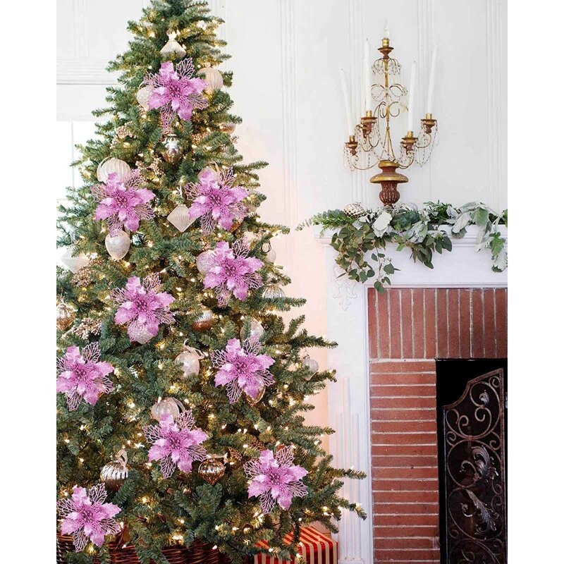 Decorazioni per albero Natale con fiori stella Natale artificiali glitterati per ghirlanda Natale