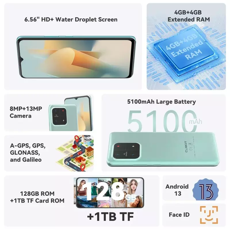 Cubot-A1 4G Smartphones, Smartphones Baratos, Display 6.56 ", Octa Core, 8GB + 128GB, Android 13 Celular, 5100mAh Bateria, Câmera 13MP, Face ID