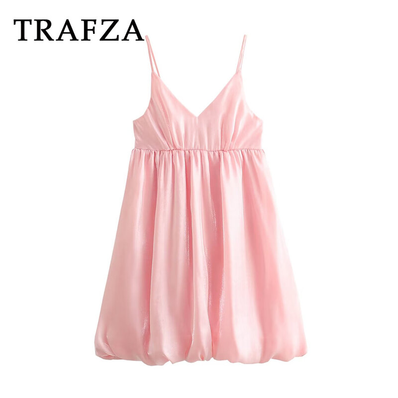 TRAFZA 2024 Women Spring Summer Casual Solid Dress Ball Gown Short Dress Sleeveless Spaghetti Strap Skirt Elegant Women Dress