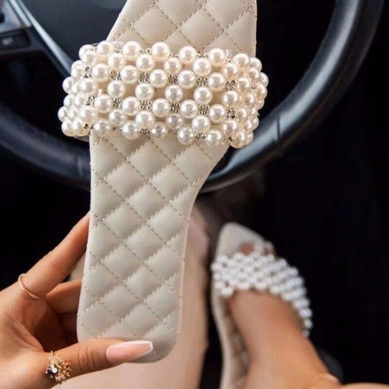 Comemore Fashion jednolity kolor sandały na płaskim obcasie damskie buty letnie damskie Plus rozmiar 43 2024 perłowe zwykłe kapcie z kryształkami