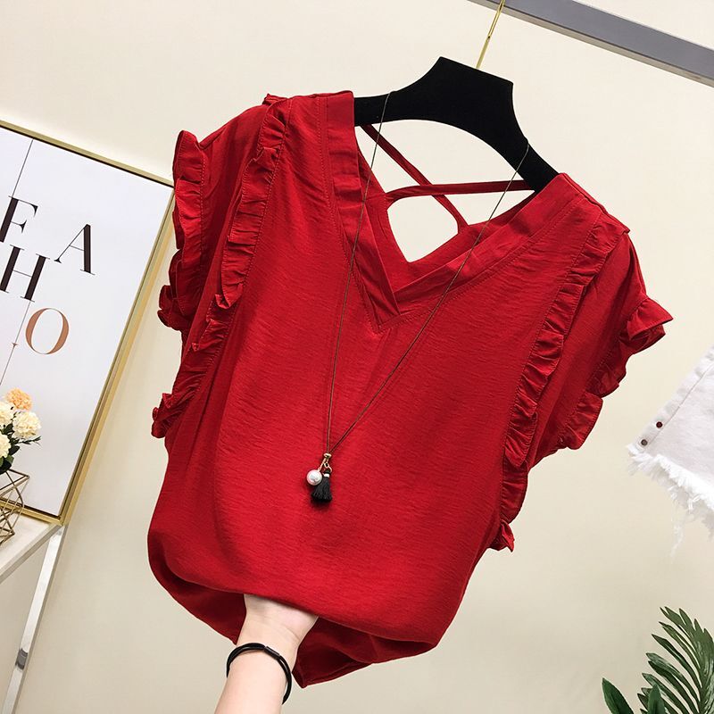 V-neck Short Sleeve Shirt Tops for Women's Summer New Solid Color Pleated Hollow Out Loose Office Blouse Fashion Elegant Clothes