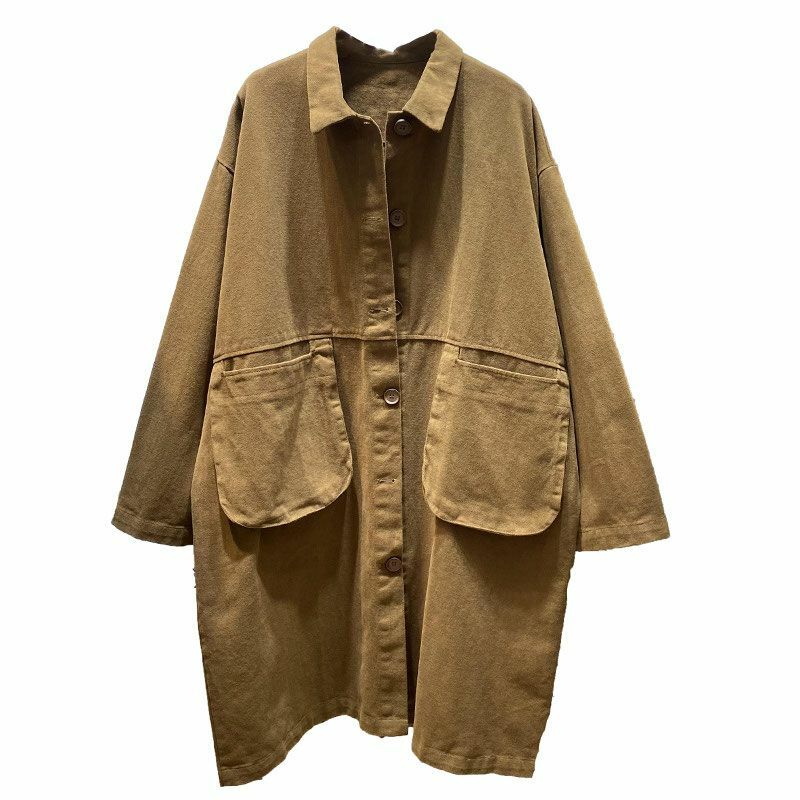 Large size retro solid color lapel, long sleeves, large pockets, medium length coat, women's loose windbreaker trend