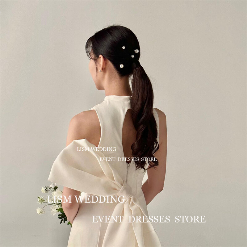 LISM O Neck Mermaid Wedding Dresses Cut out Backless Sleeveless Bride Gowns Simple Big Bow Floor Custom Size Bridal Party Dress