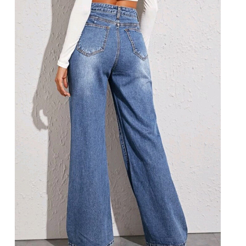 Синие джинсы для женщин, брюки с широкими штанинами, прямые длинные брюки, джинсовые брюки с высокой талией, свободные элегантные брюки Y2k, осень-весна 2024