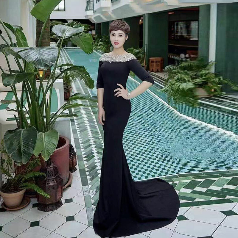 فستان سهرة بكتف واحد أسود ، حبات أظافر مصنوعة يدويًا ، أسلوب بسيط ، كم متوسط ، تناسب الجسم ، التفاف الورك ، FF6