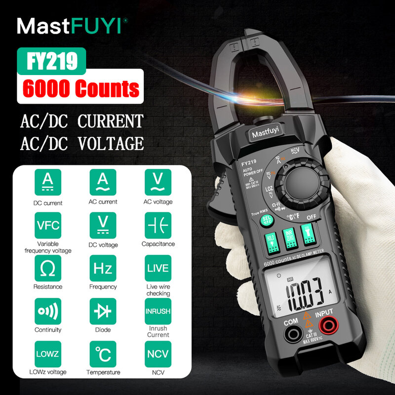 MASTFUYI-Medidor de pinza Digital, multímetro de corriente CC/ca de 6000 recuentos, amperímetro, probador de voltaje, amperios de coche, Hz, capacitancia, NCV, Ohm