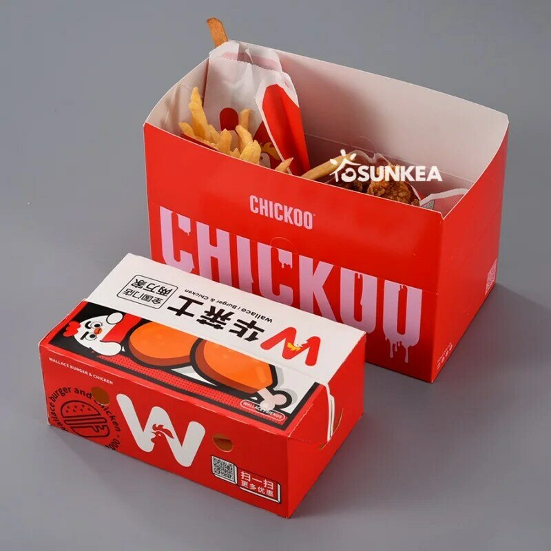 Caixa de embalagem de fast food Adequado para Burger Chip Juntos, Frango frito para tirar, Logotipo personalizado, Papel dobrado, Produto personalizado