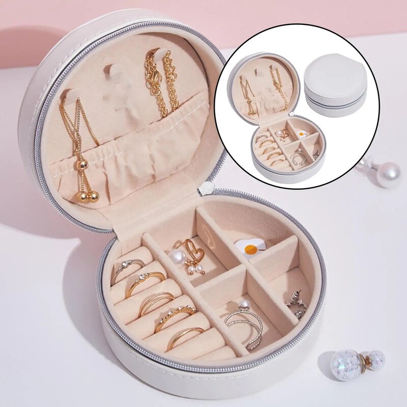 Small Portable Jewelry Box Earrings Necklace Bracelets Organizer Round Case