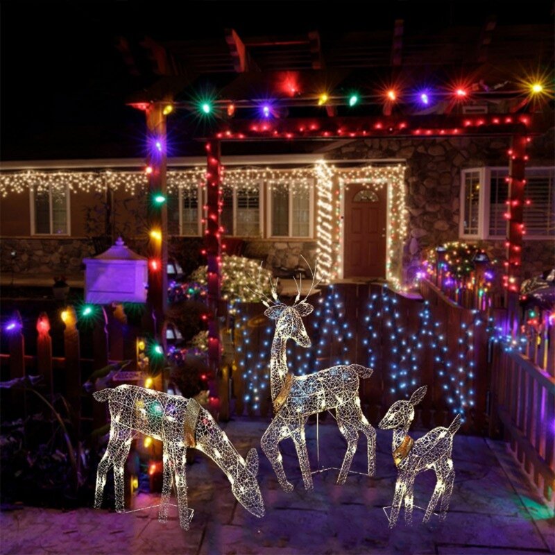 Iluminado Natal Rena Família Decoração, Decorações de cervos ao ar livre para quintal, pátio, gramado, festa de jardim, 3 Pcs Set