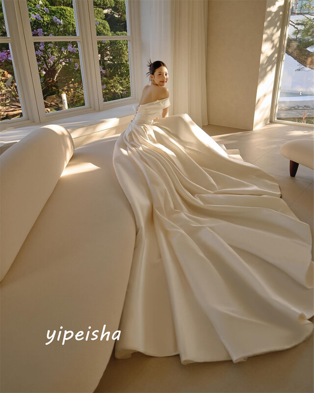 Prom Dress Korea Simple Fashion Off-the-shoulder Ball Gown Wedding Party Sweep/Brush Skirts Charmeuse Evening Dresses