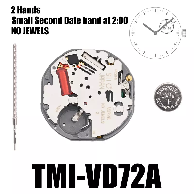 Mechanizm VD72 Mechanizm Tmi VD72 2 wskazówki Mechanizm z wieloma oczkami Mała sekunda data wskazująca 2:00 Rozmiar: 10 1⁄2 ′′ wysokości: 3,45 mm