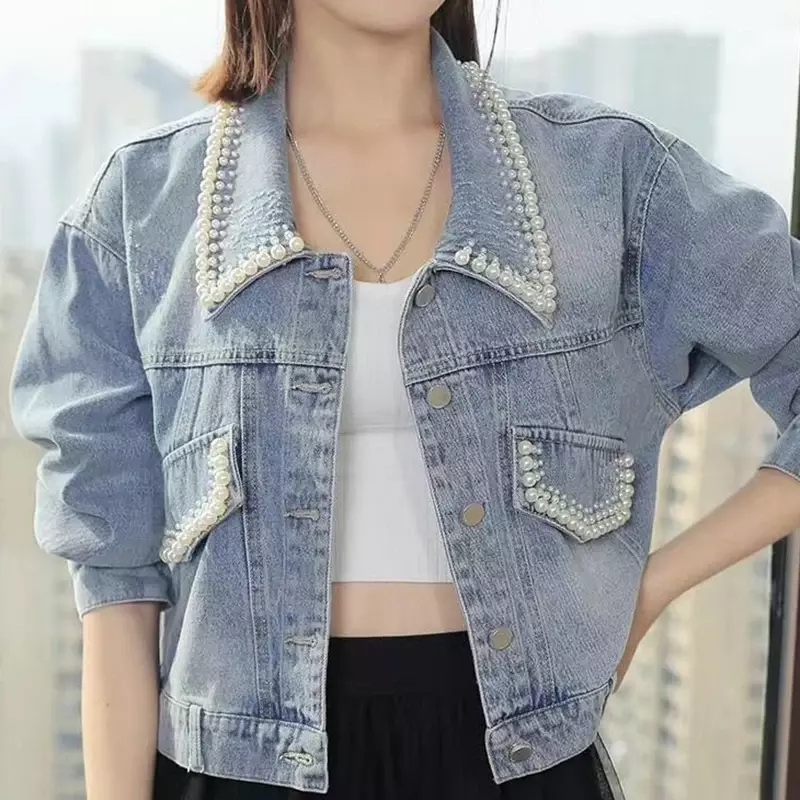 2024 Sweet Pearl Decor giacca di jeans donna manica lunga colletto rovesciato giacche corte donna tasche coreane cappotti larghi donna