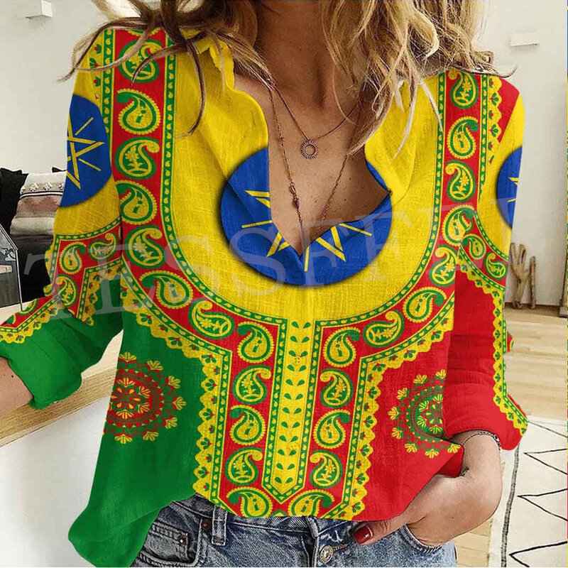 Afrika County Ethiopië Eritrea Tigary Rasta Reggae Leeuw Tattoo Retro 3Dprint Button-Down Shirts Lange Mouw Vrouwen Casual shirt M