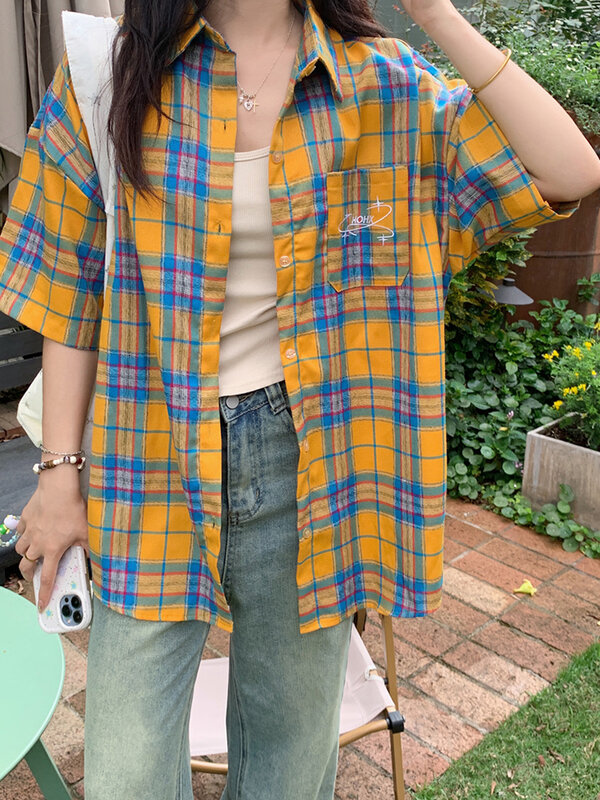 Zoki Ретро Уличная одежда Y2K клетчатая рубашка Женская свободная ветровка Летние повседневные корейские буквы винтажные универсальные Топы