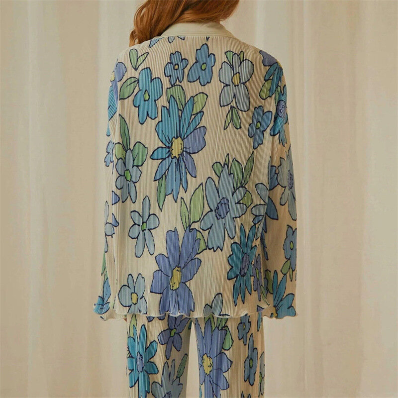 Conjunto de dos piezas formado por camisa y pantalón para mujer, ropa informal con estampado de flores, manga larga, cuello vuelto, botones, primavera y verano