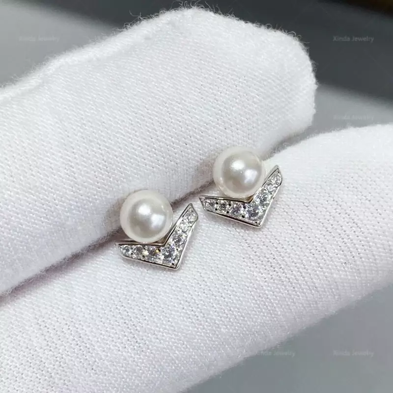Pendientes de perlas en forma de V de plata de ley S925 de alta calidad para mujer, marca de moda minimalista, joyería de lujo, regalos de fiesta