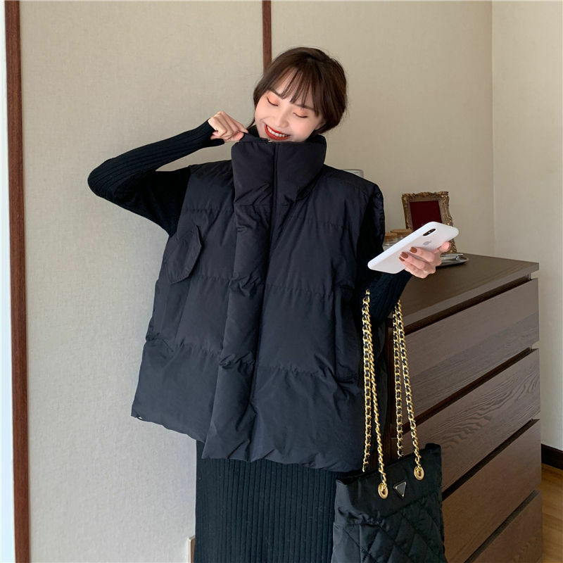 W koreańskim stylu szykowny gruba, bufiasta kamizelka damska zimowa ciepła odzież uliczna kurtka z prostym luźnym zamkiem bawełnianym puchowym jednolity kolor, kamizelka