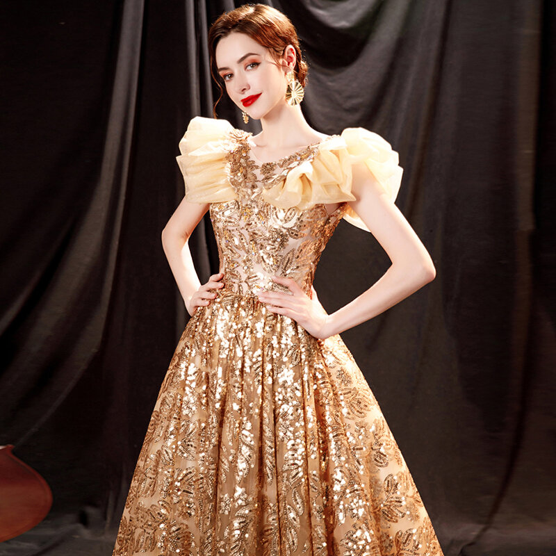 Gaun Hamil Gaun Malam untuk Wanita Kilau Emas A-Line Tulle Antik Formal Gaun Malam Gaun Prom Robe De Soiree