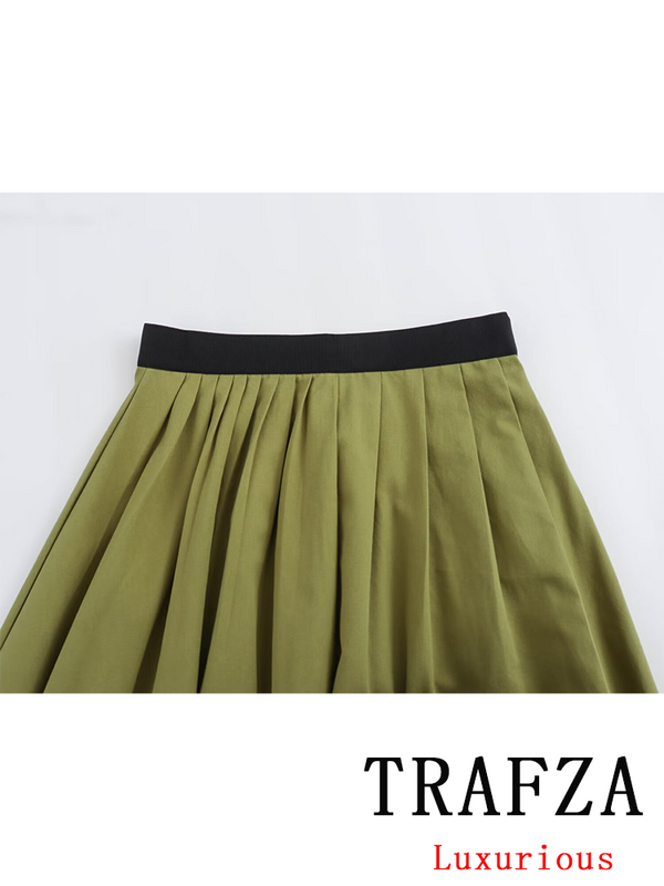 TRAFZA-Casaco reto manga comprida feminino, terno chique, terno verde monocromático, saia comprida, moda vintage, casual, primavera, verão, novo, 2022