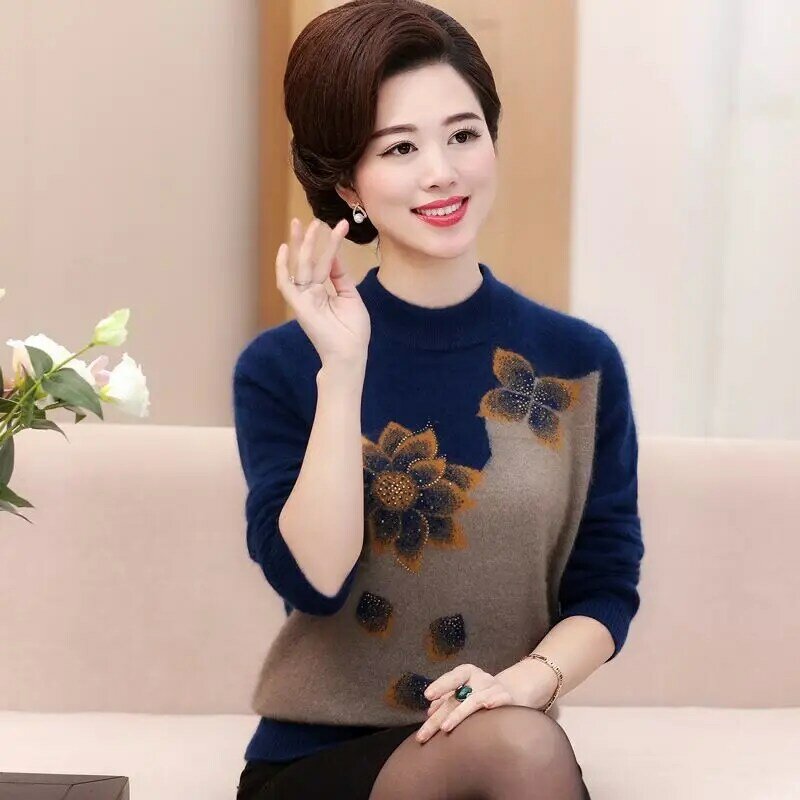 Eleganckie, stojące kołnierzyki z dzianiny i diamentami swetry damskie 2023 zimowe nowe luźne biurowe damskie swetry topy w koreańskim stylu