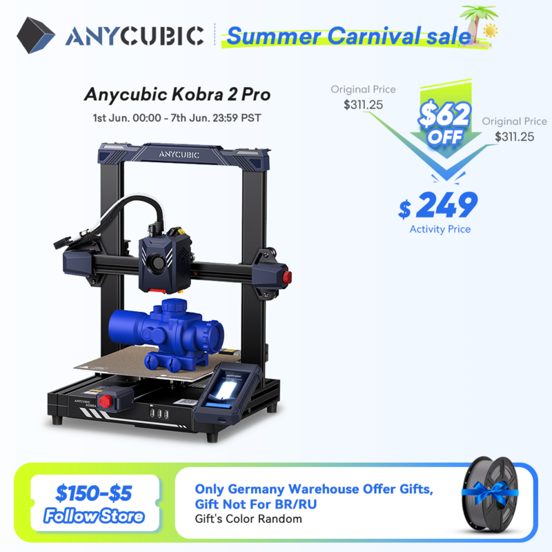 Anycubic Kobra 2 Pro 500 Mm/s Maximale Afdruksnelheid Fdm 3d Printer 25-Punts Automatische Nivellering Met 9.8X8.7 X 8.7in Afdrukgrootte