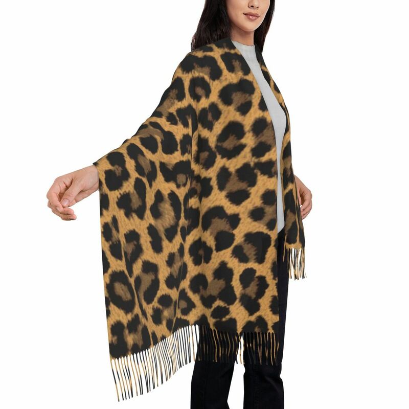 Lenços grandes com estampa de chita para mulheres, inverno grosso quente borla xale, pele de leopardo, cachecol de camuflagem para senhoras