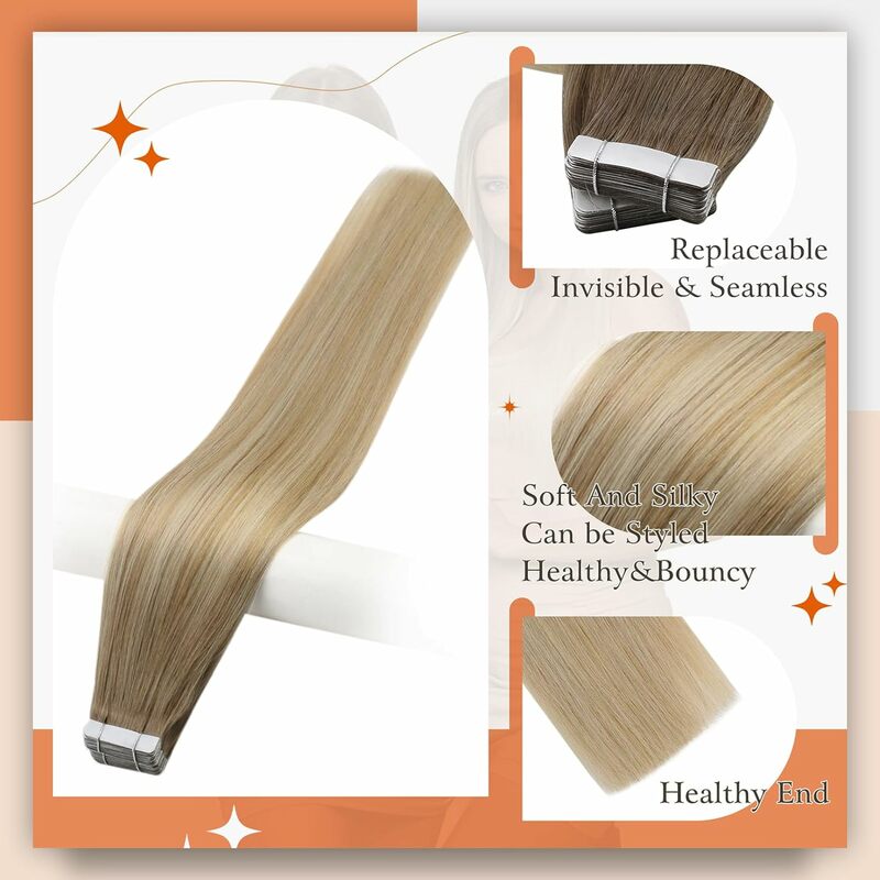 Pita rambut asli berkilau penuh dalam ekstensi rambut alami warna pirang rambut manusia Remy 100% lem jalinan kulit mulus di rambut