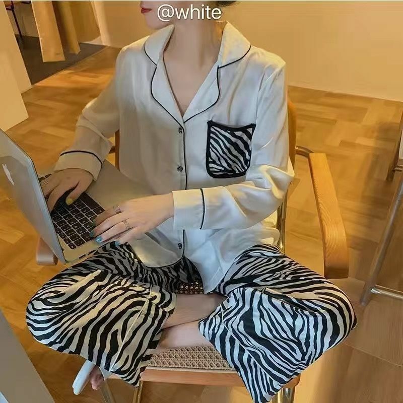 Spring Autumn Pajamas Female Lace Edge Long Sleeve Princess Can Wear Cardigan Outside Ice Silk Two-piece Set Loungewear Set