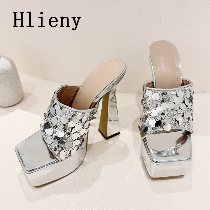 Chinelos de plataforma Hlieny-Sequin Bling para mulheres, design de toe quadrado, salto alto, sapatos de slides, sandálias de casamento, moda verão