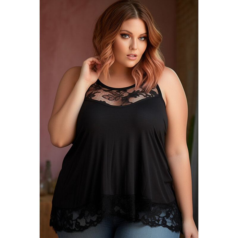 Plus Size Summer Everyday Black Round Neck See-through Lace Patchwork Cami
