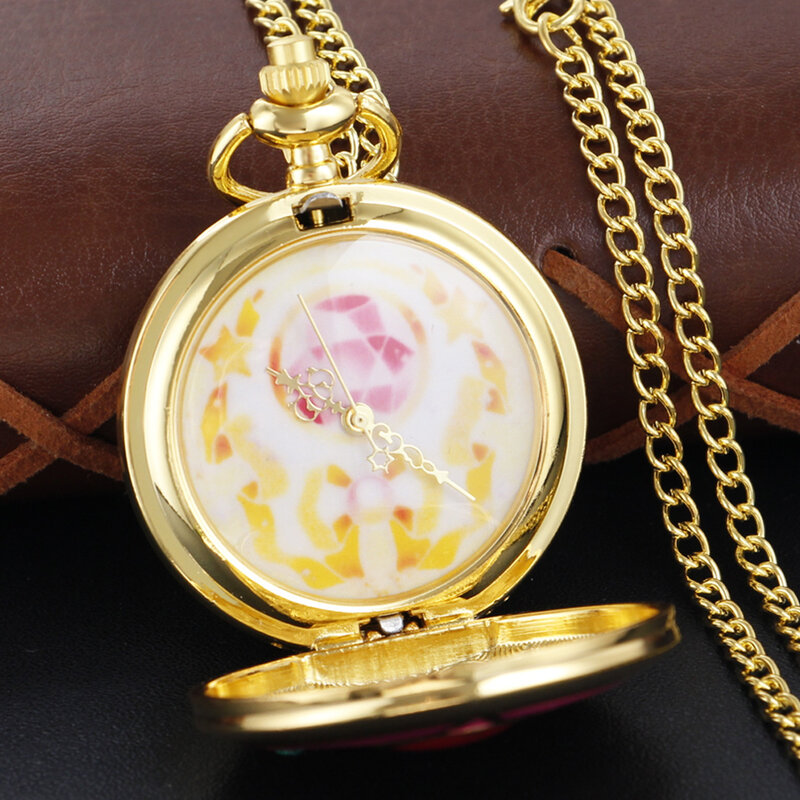 Jam tangan saku Quartz anak perempuan, Kalung hadiah liontin emas cantik rantai permata bintang lima